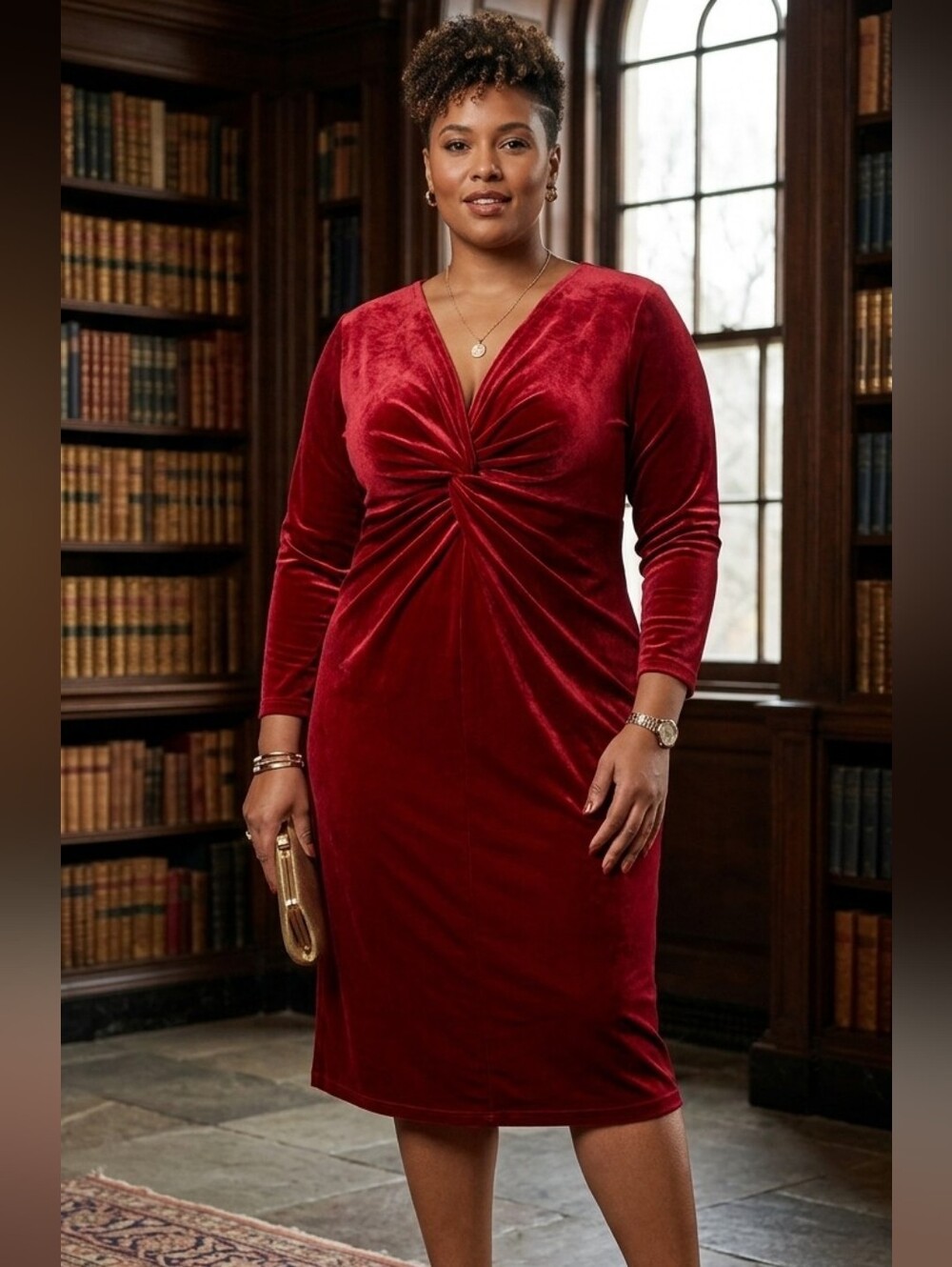 Tiana B. red velvet front knot midi dress 3/4 sleeves sz 3x